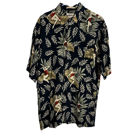 Vintage Campia Mens Size Medium Hawaiian Camp Shirt Pinup Girls Tropical Rayon - Picture 1 of 8